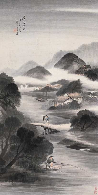 吴石僊 乙卯（1915年）作 溪桥烟雨 立轴